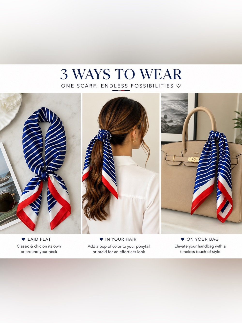 Piper-K Nautical Stripe Satin Scarf ❤️🤍💙